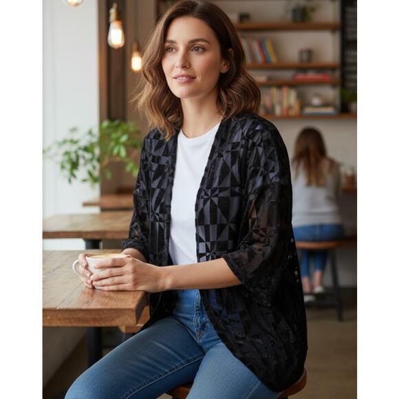 IN Studio Vintage Black Velvet Shrug Kimono Burnout size XL - Picture 3 of 9